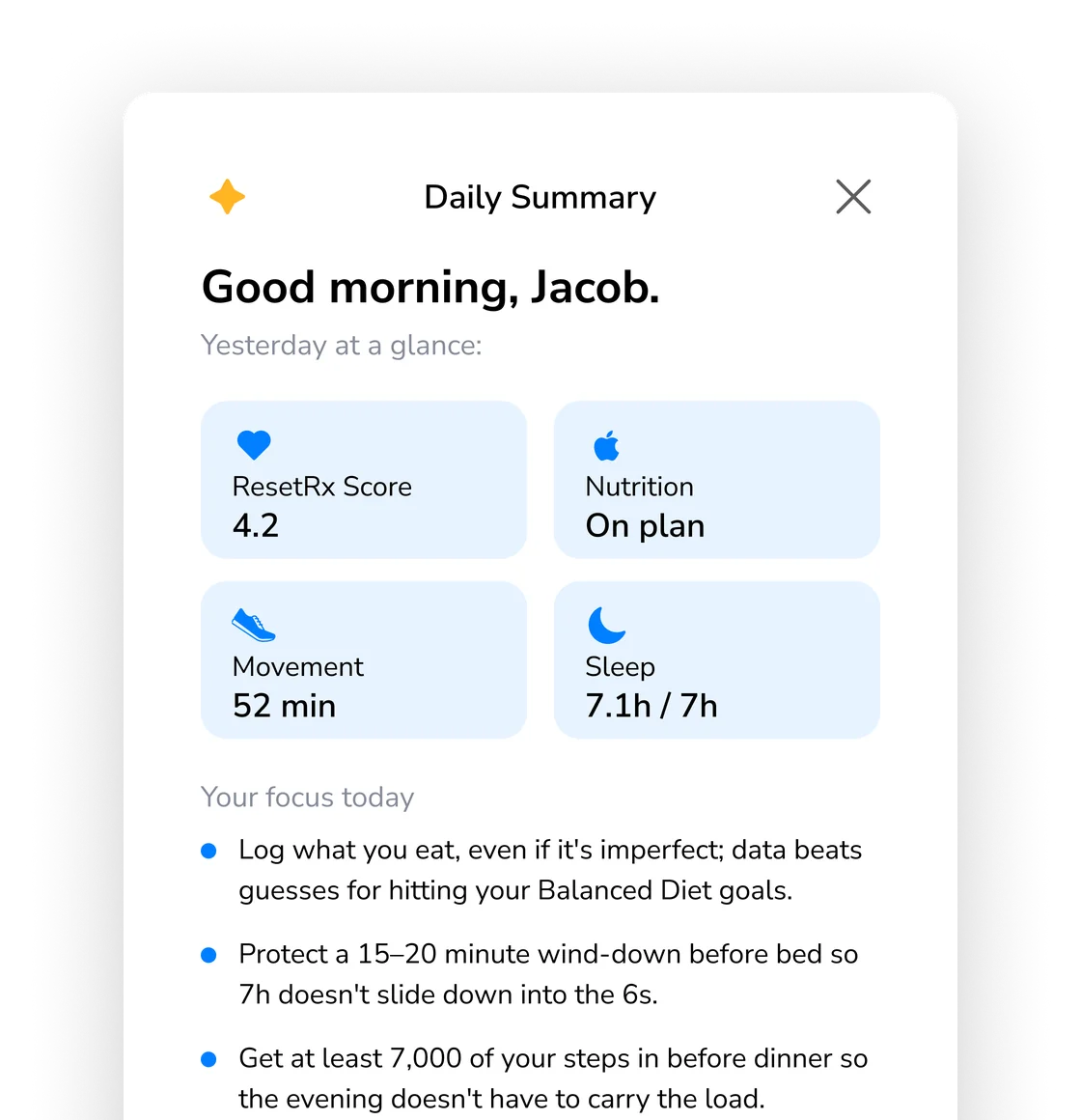 Daily Summary sheet in the ResetRx app