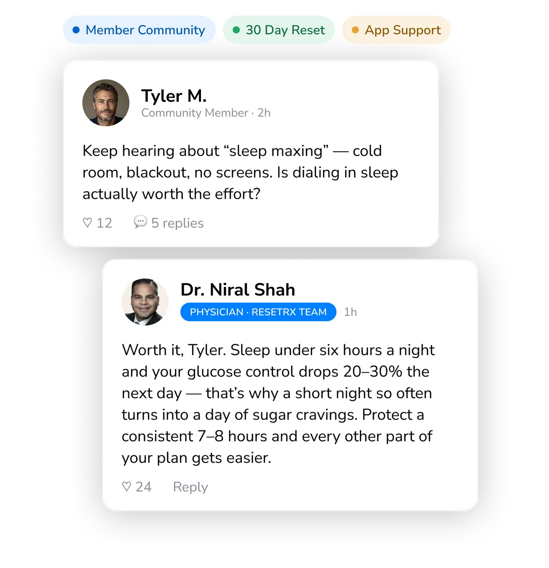 A member question and physician reply in the ResetRx forum