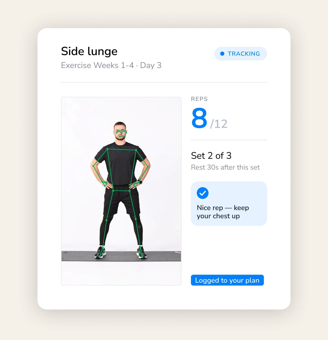 An AI-guided workout in the ResetRx app, with live form tracking and a rep counter
