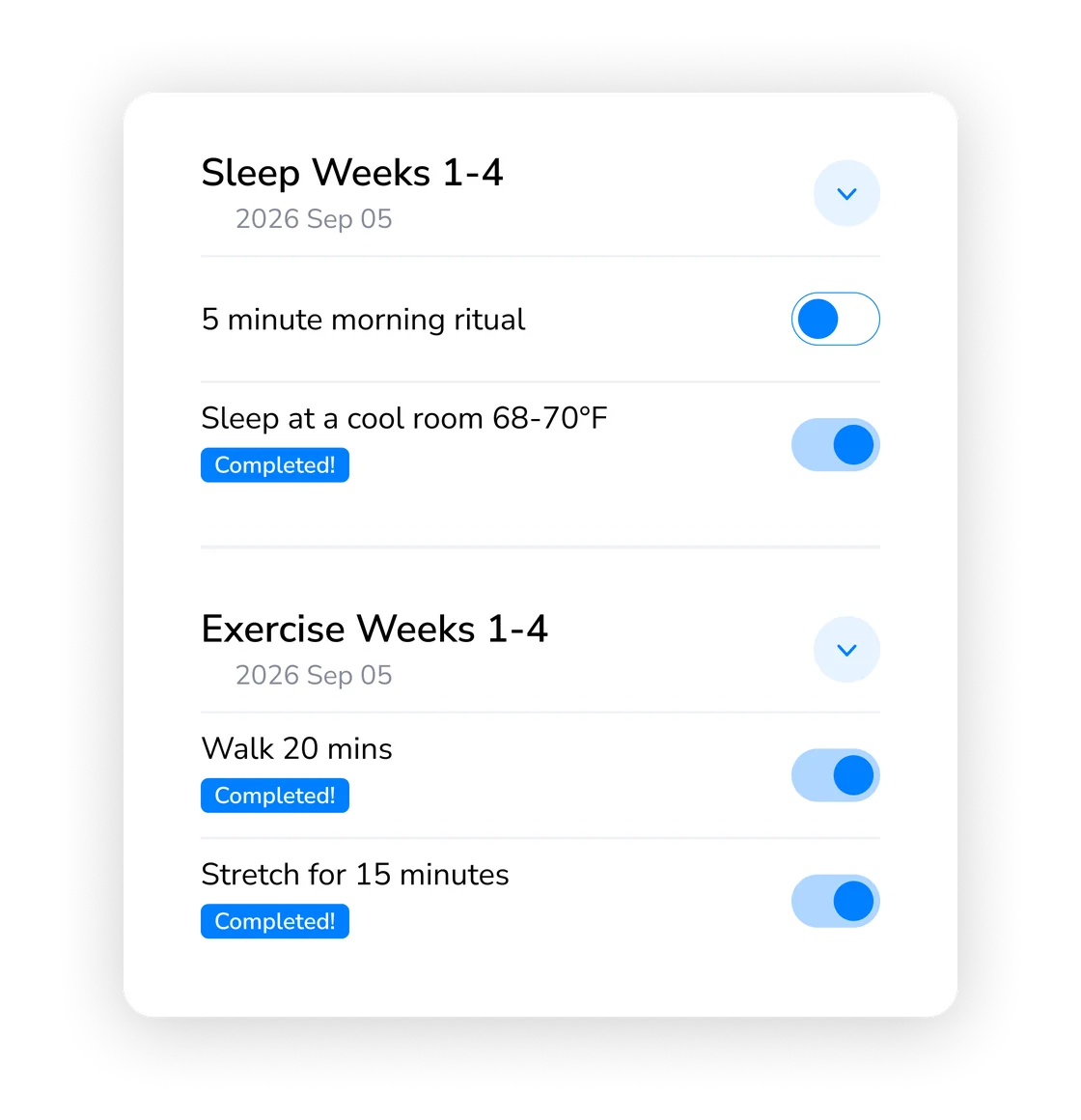 Weekly program cards and a meal card in the ResetRx app